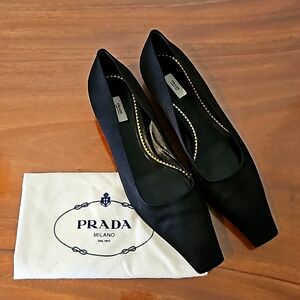 Prada, black satin upper, leather sole, square toe, kittin heel, size 39.